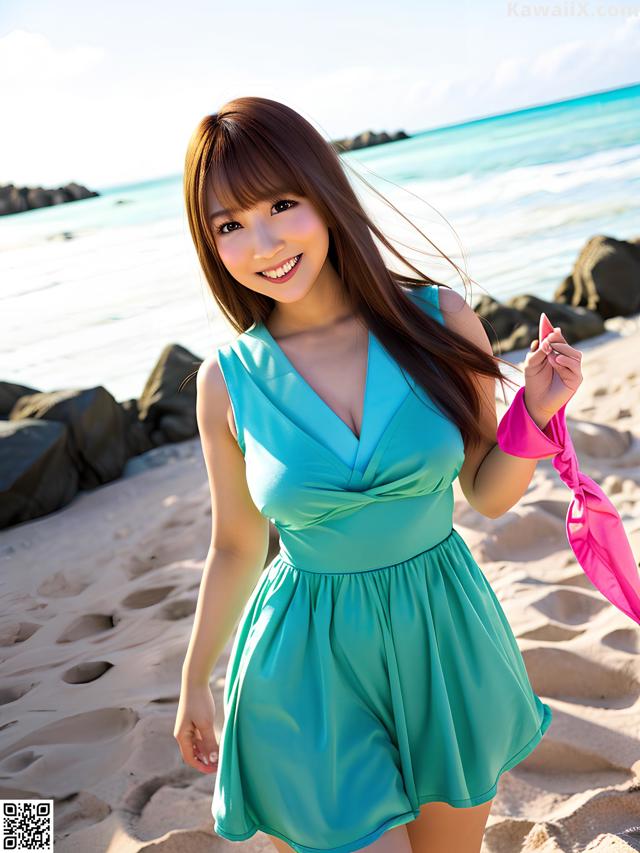 A woman in a blue dress standing on a beach.