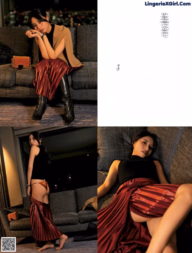 A woman sitting on a couch in a red skirt.