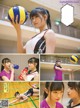 A collage of photos of a woman holding a volleyball.