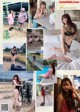 A collage of photos of a woman in a bikini and a man in a hat.