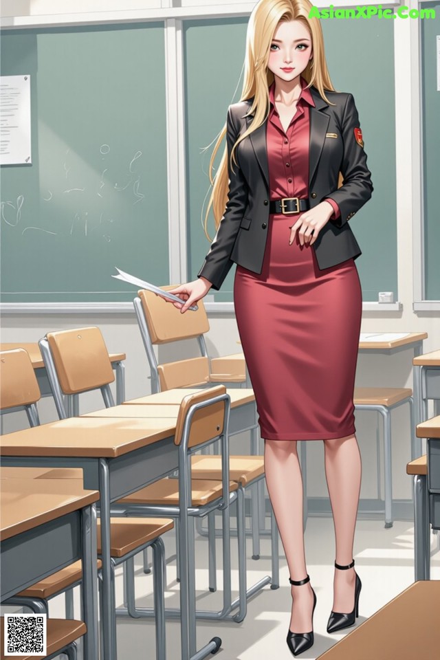 A woman in a red dress standing in front of a blackboard.